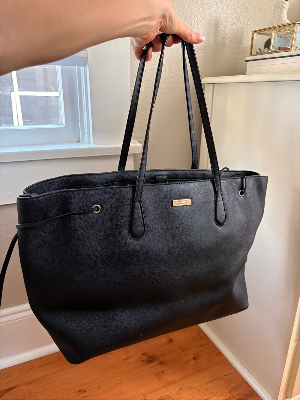 kate spade Black Saffiano Tote with Gold Logo Plaque